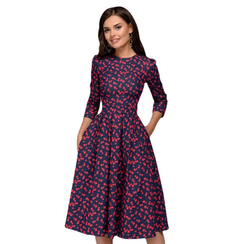 party Vintage floral A-line dress秋冬新款复古碎花A字连衣裙女