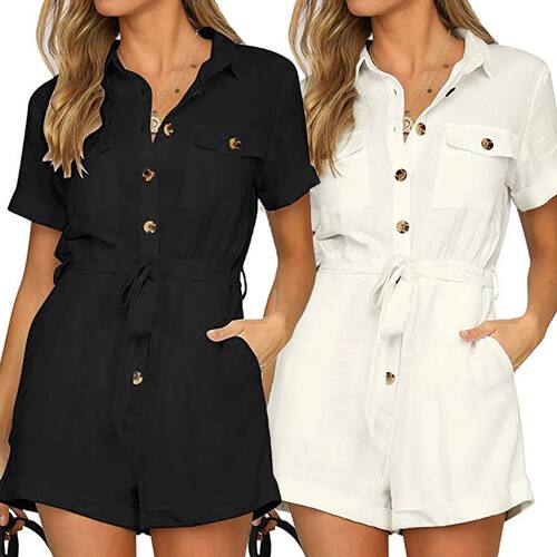 Single breasted waist cinched jumpsuit单排扣收腰短裤连体裤女