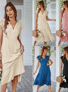 V-neck sexy short-sleeved solid color dressV领性感短袖连衣裙