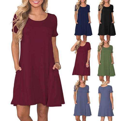 Color Short Sleeve O-Neck Swing T-Shirt Dress with Pockets