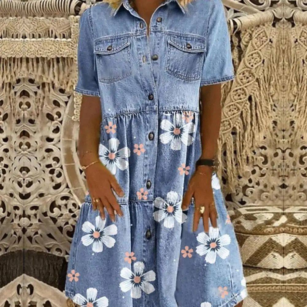 Multi button printed denim dress women女士多扣印花牛仔连衣裙