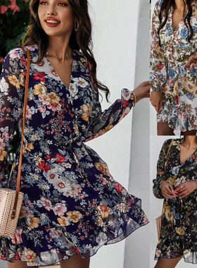 women's v neck long sleeve printed dressV领长袖印花连衣裙女