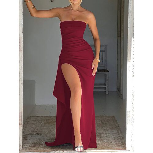 欧美一字领抹胸开叉收腰连衣裙