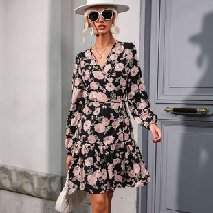 Sleeve Long Neck v领连衣裙女 Printed Dress印花长袖 Cardigan