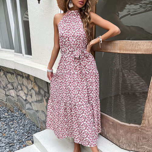 Sleeveless Lace-Up Print Crew Neck Dress无袖印花圆领连衣裙女