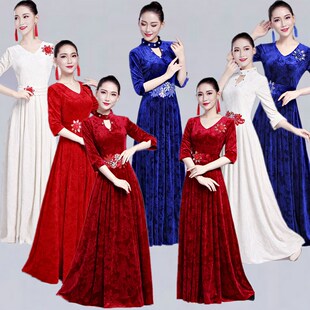 大合唱团演出服女长裙成人金丝绒新款中老年团体合唱服装指挥礼服