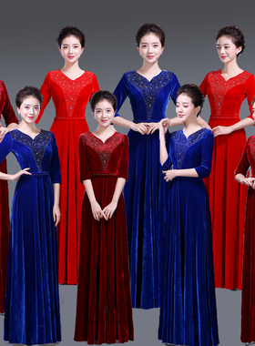 新款大合唱礼服合唱演出服装女长裙成人金丝绒中老年合唱团指挥服