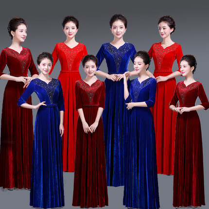 新款大合唱礼服合唱演出服装女长裙成人金丝绒中老年合唱团指挥服