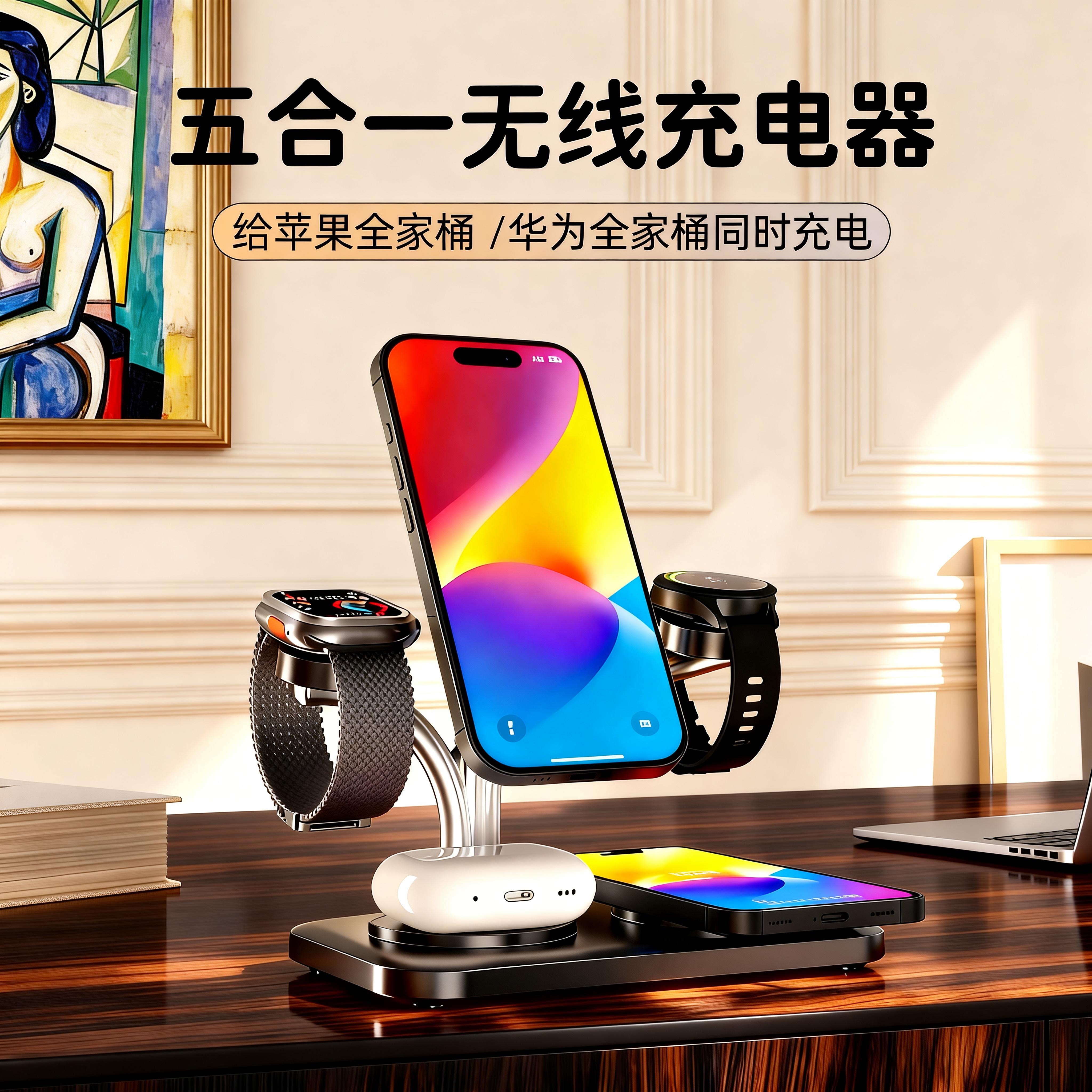 双手机双手表】五合一无线磁吸充电器快充支架底座通用适用于苹果手机iPhone17Pro华为手表applewatch耳机