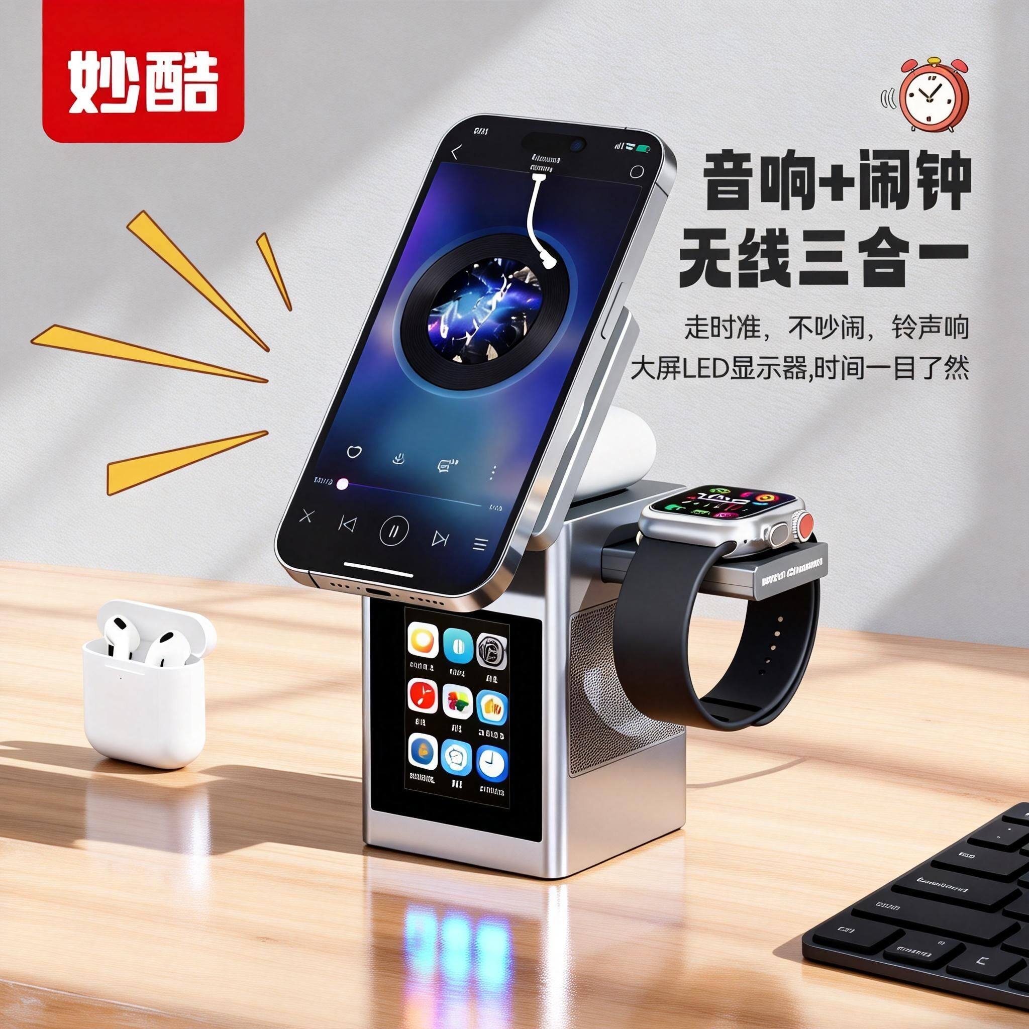 妙酷送领导客户伴手礼品礼物男女生日蓝牙音箱音响三合一无线充电