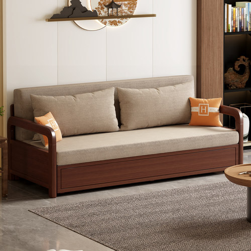 新中式可折叠全实木带轨道沙发床
