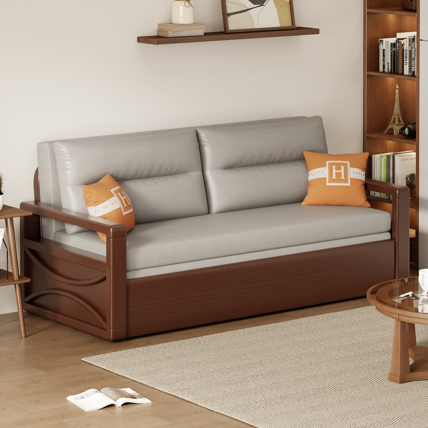 hualong新中式推拉实木沙发床