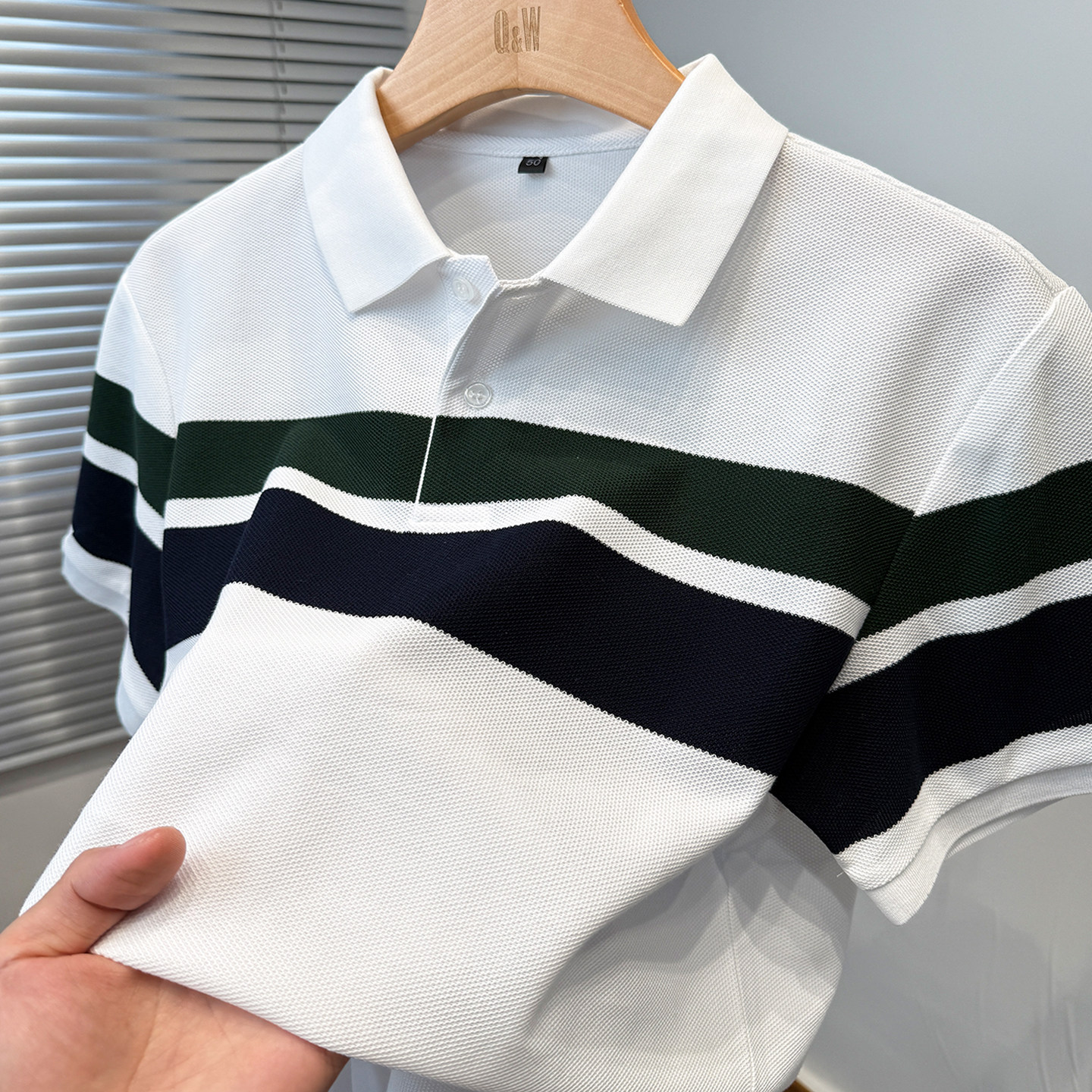 高端珠地网眼条纹短袖t恤男2025新款运动休闲中年polo衫男半袖潮