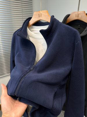 奥粒绒外套男款秋冬季加绒加厚卫衣男立领纯色百搭中青年拉链开衫