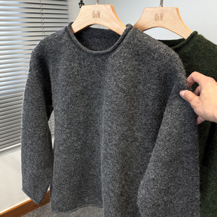 加厚线衣服潮 秋冬季 简约高级感灰色毛衣男圆领韩版 宽松套头针织衫