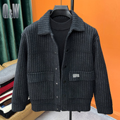毛呢大衣男短款 男翻领潮流休闲口袋 加厚针织开衫 韩版 中年外套冬季