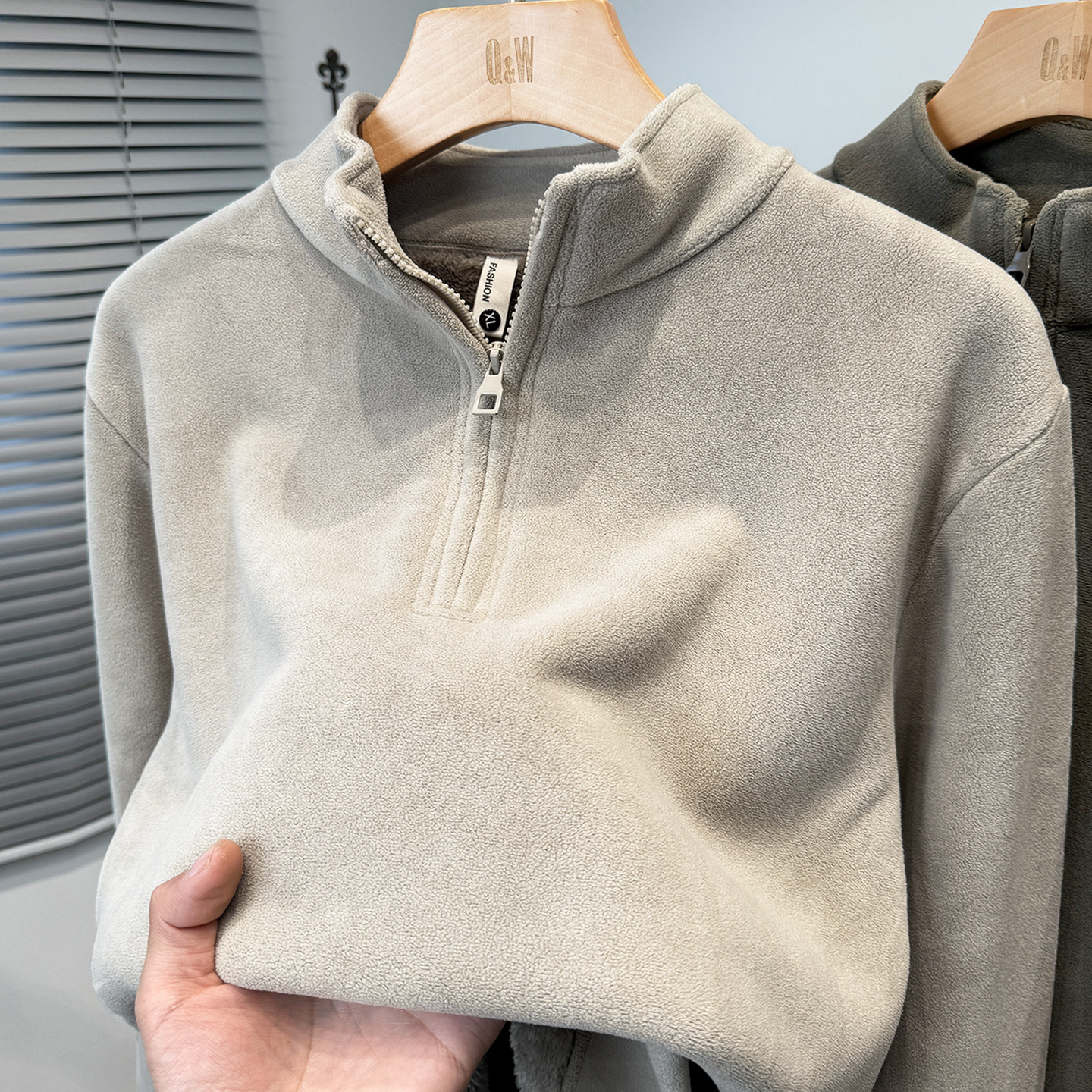 法兰绒拉链半高领卫衣男加绒加厚