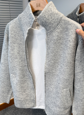 纯色开衫男针织衫加厚款秋冬季毛衣外套男装立领休闲外搭可翻高领