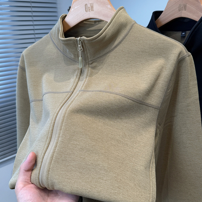 奥利绒运动休闲卫衣男加绒加厚秋冬季中年立领外套男开衫纯色半高