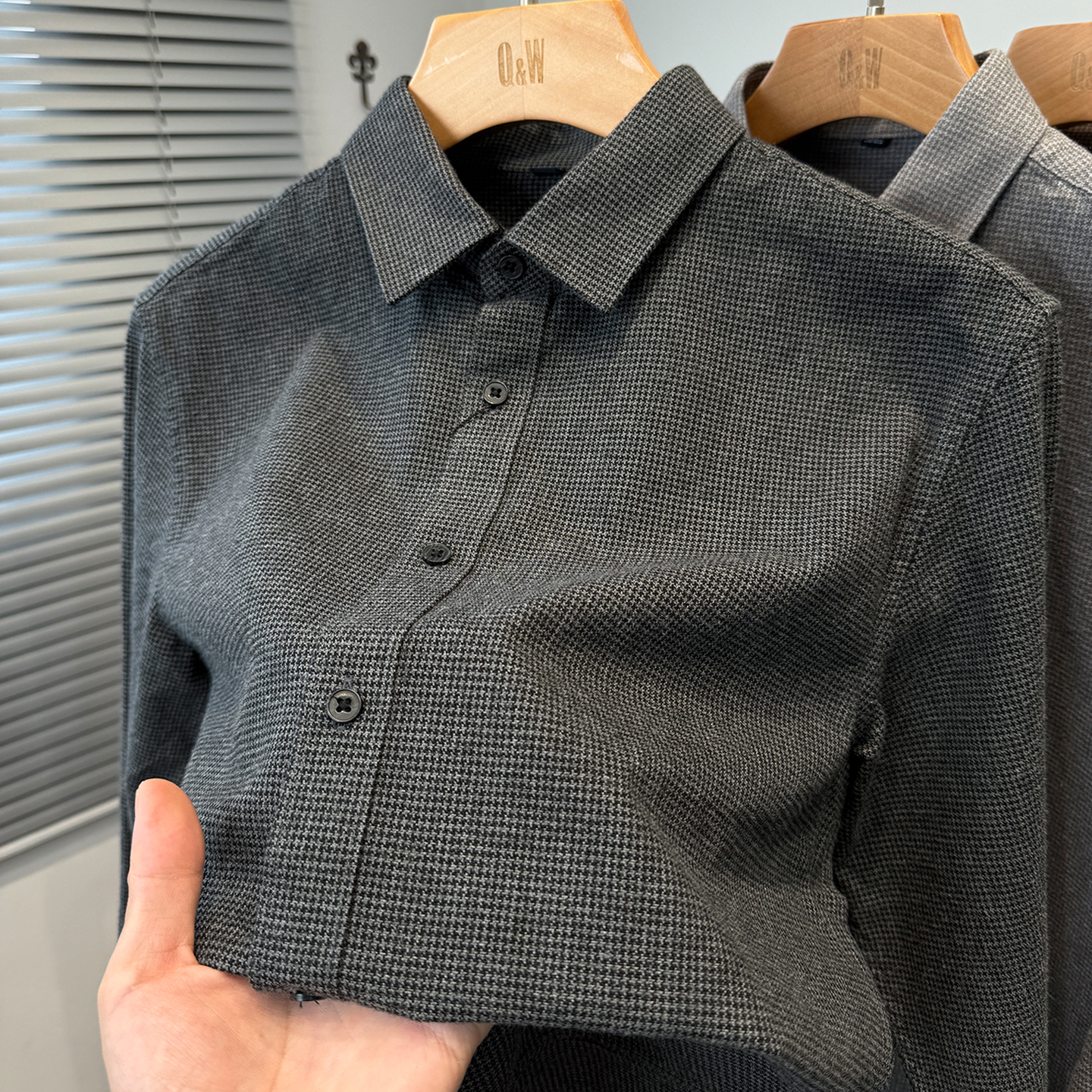 高级感磨毛千鸟格衬衫男长袖