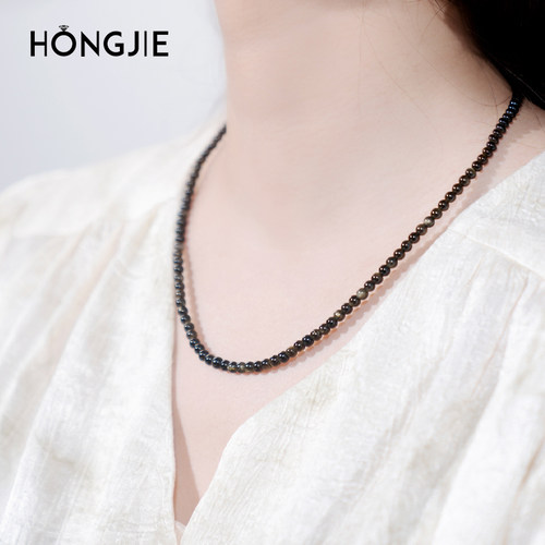 黑曜石项链女男银曜石东海水晶玛瑙玉髓单散珠子锁骨链金曜石吊坠