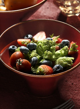 DXC陶瓷国风红色高身碗 清灵锥形高身深碗 中国红喇叭深碗