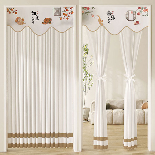 新中式门帘夏季防蚊卧室卫生间遮挡隐私帘家用免打孔布艺蕾丝半帘