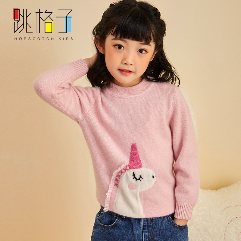 跳格子儿童羊绒衫女童毛衣2021新款圆领韩版秋冬套头公主宝宝卡通