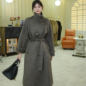 秋冬新款 加厚立领中长款 气质收腰系带宽松双面绵羊毛女士大衣