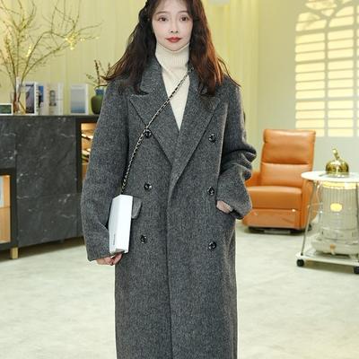 2024秋冬新款复古斜纹垫肩西装领长款双面羊绒大衣女过膝羊毛外套