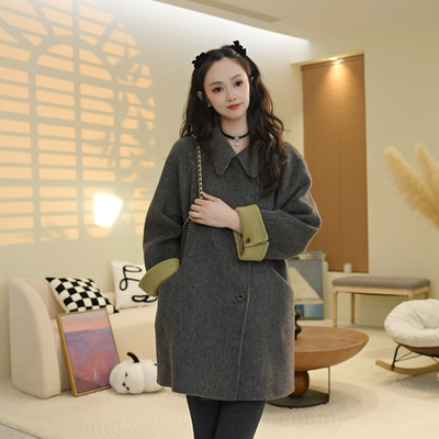 秋冬新款娃娃领减龄显瘦百搭小个子宽松韩版双面双色绵羊毛大衣