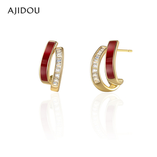 AJIDOU阿吉豆女款红金拼色复古摩登闪耀耳钉耳饰简约百搭合金耳圈