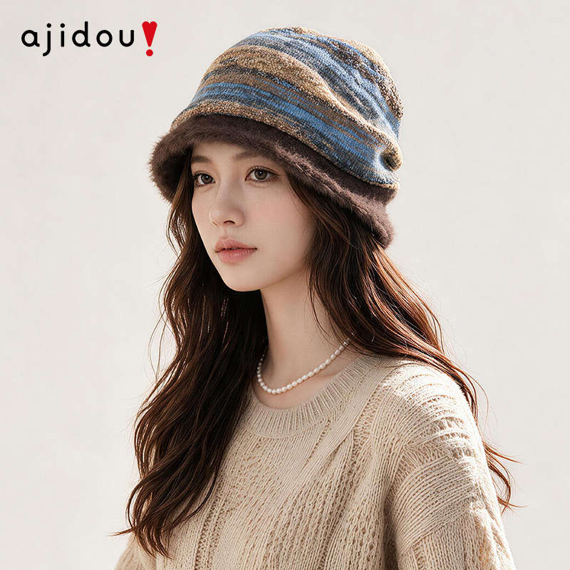 AJIDOU阿吉豆帽子女款秋冬毛线帽羊毛针织帽蓝咖条纹保暖时尚百搭
