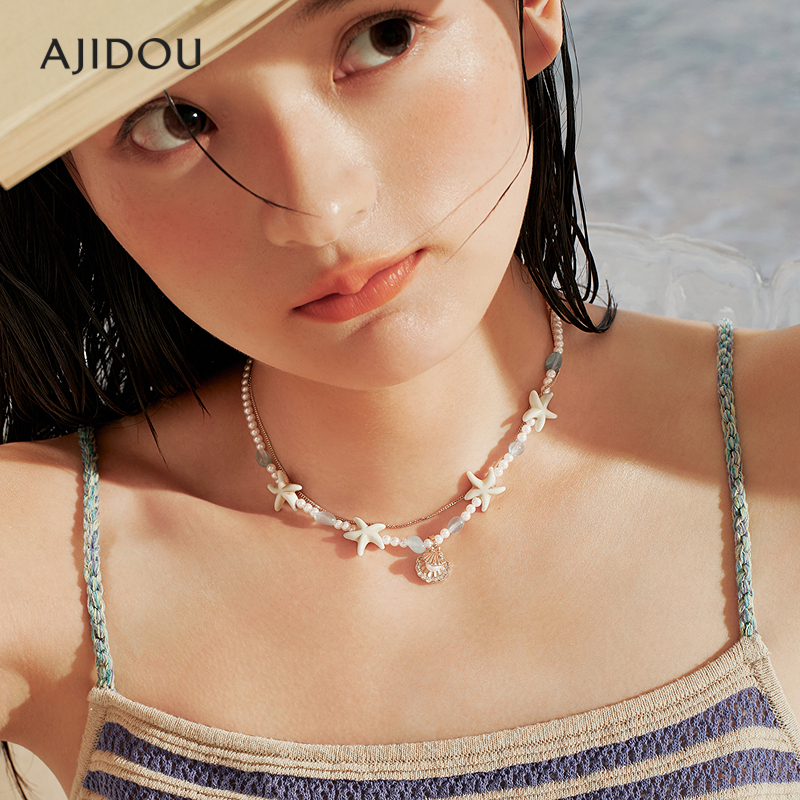 阿吉豆项链女珍珠项链海星珍珠度假风双层叠戴颈链颈链锁骨链