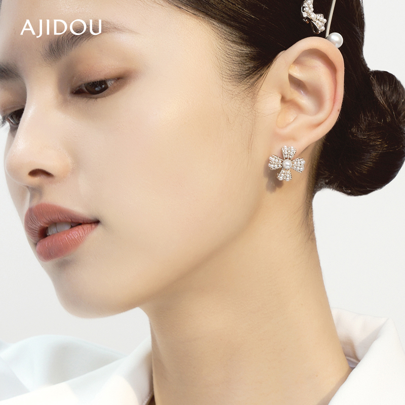 阿吉豆小香风珍珠花朵耳环小众设计感耳钉气质时尚潮流耳饰女