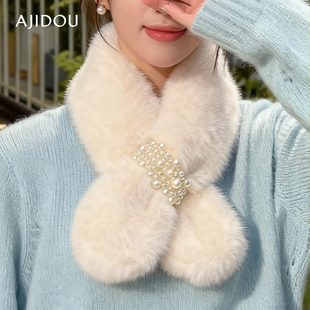 AJIDOU阿吉豆围巾毛毛领围脖冬季 护颈百搭可爱少女仿獭兔毛绒围脖