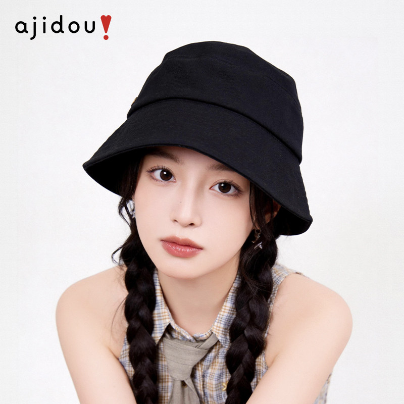 AJIDOU阿吉豆帽子女款黑色复古宽帽檐简约休闲春夏日系盆帽渔夫帽
