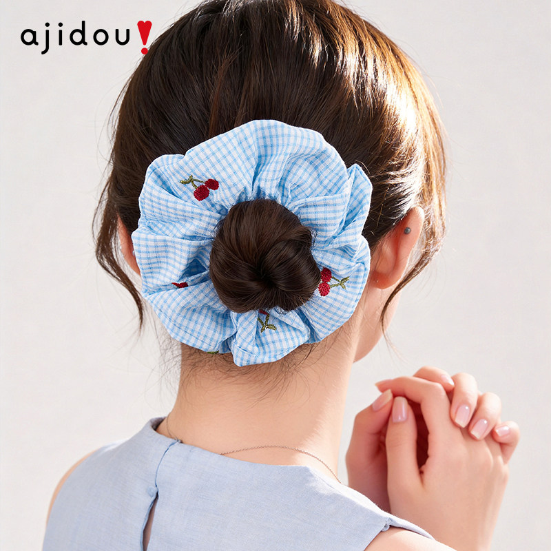 AJIDOU阿吉豆大肠发圈樱桃款格子条纹发绳森系发带头绳高级感发绳