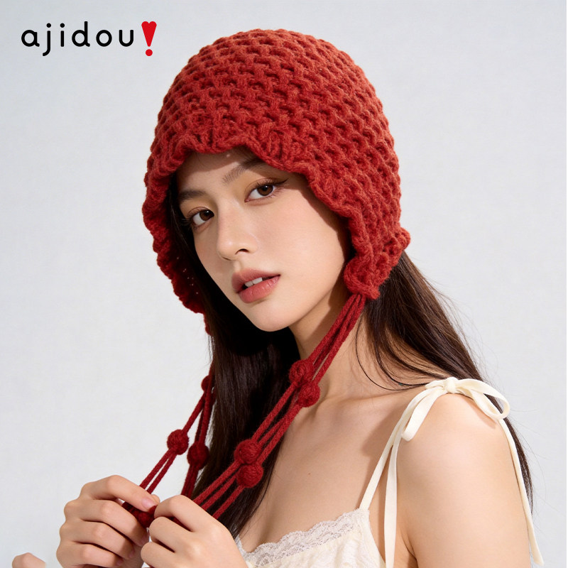 AJIDOU阿吉豆帽子女红色针织帽春款川西出游设计感流苏包头水母帽