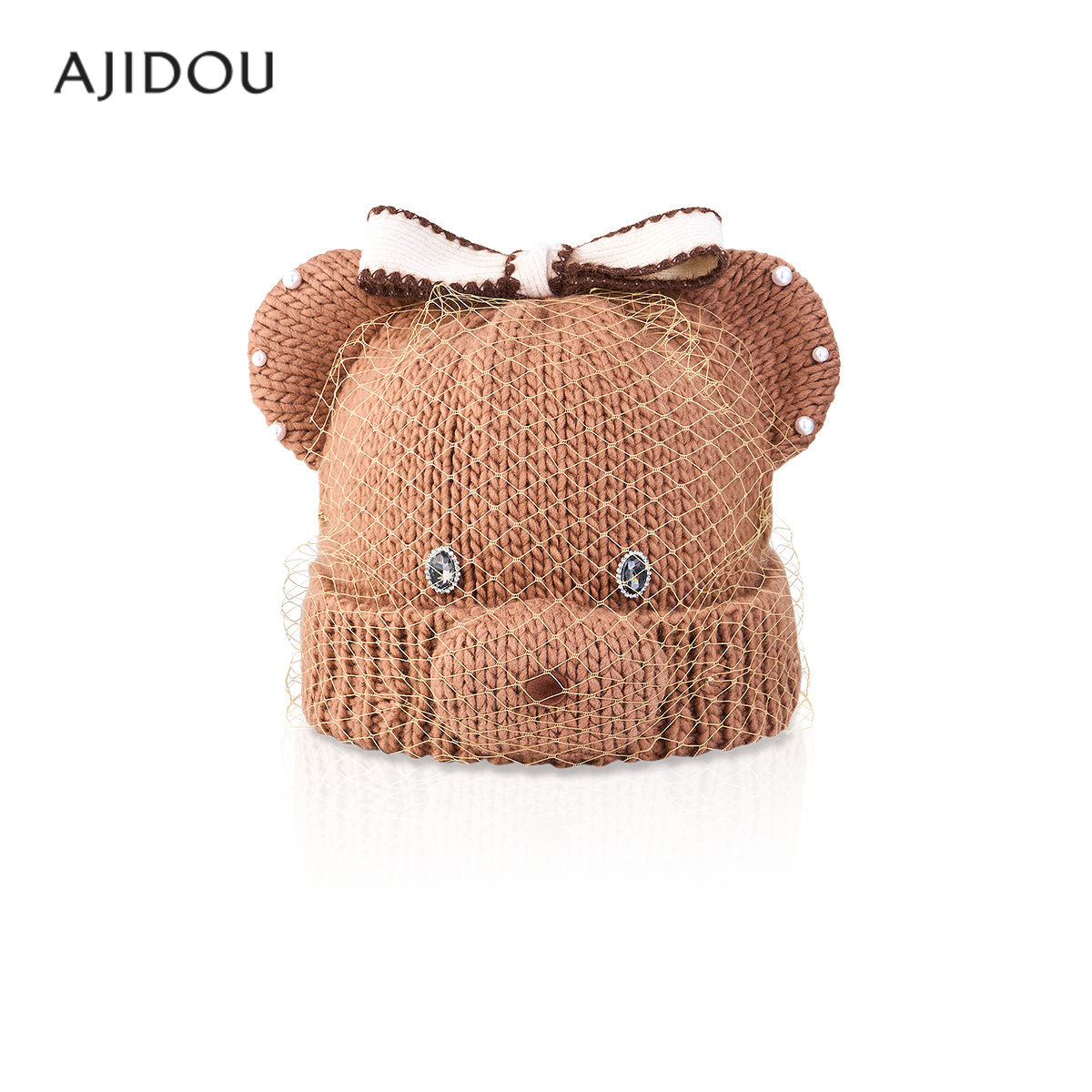 阿吉豆帽子女驼色小熊针织毛线帽