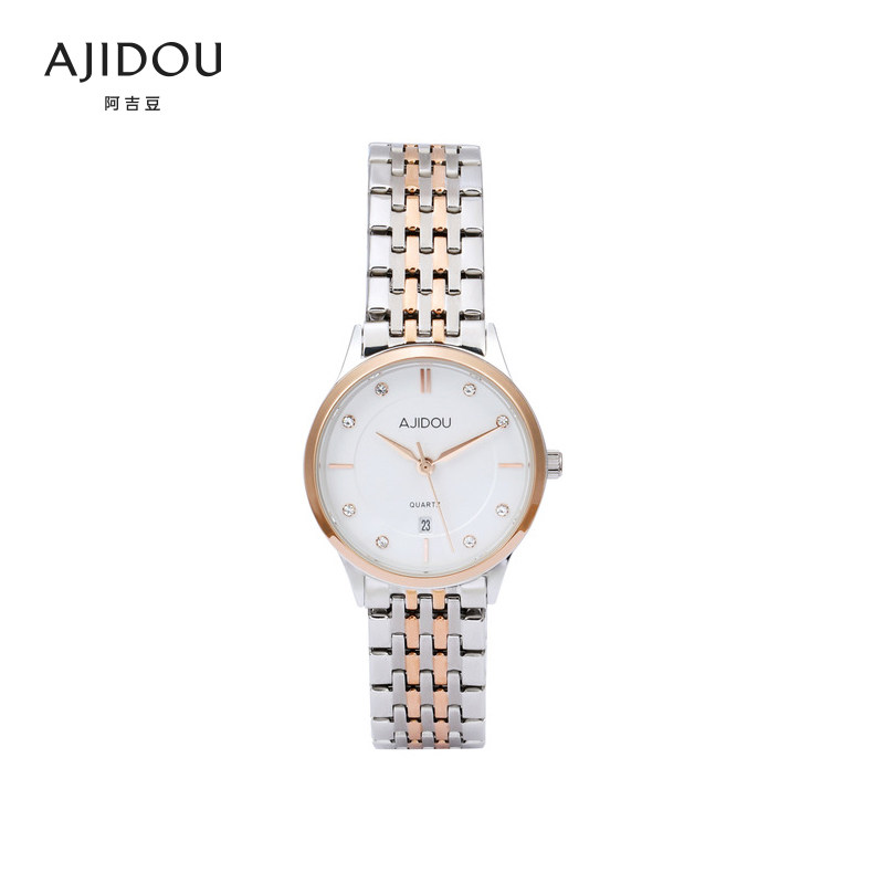 阿吉豆银色简约时装女士圆盘手表女钢带链式简约气质防水石英表