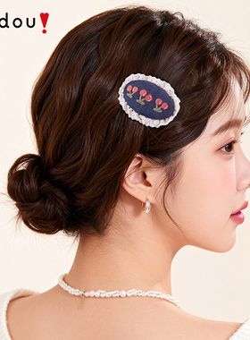 AJIDOU阿吉豆发夹刺绣草莓樱桃蓝色牛仔发夹女孩可爱刘海夹侧边夹