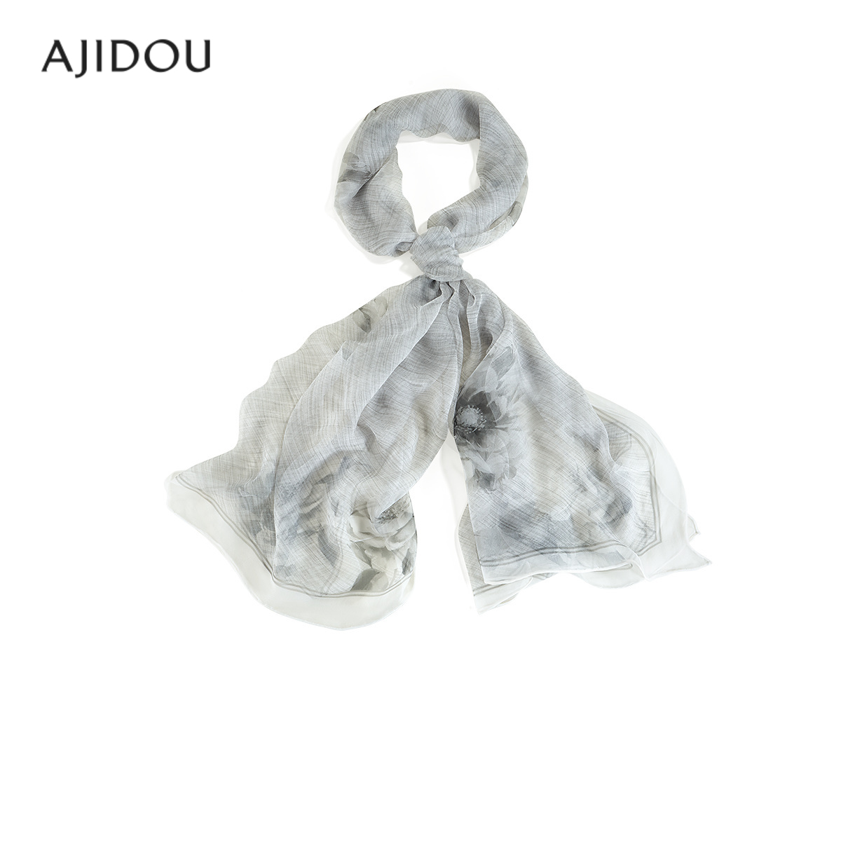 AJIDOU阿吉豆丝巾女款墨色时尚桑蚕丝围巾薄款丝巾