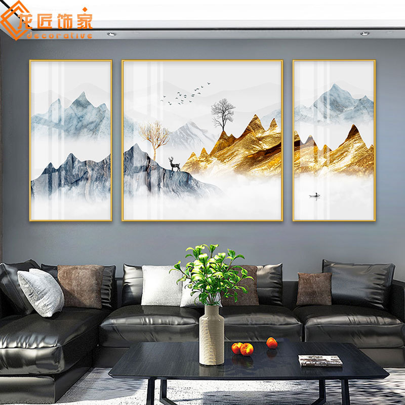 龙匠饰家新中式山水晶瓷画 客厅书房组合三联画 厂家批发
