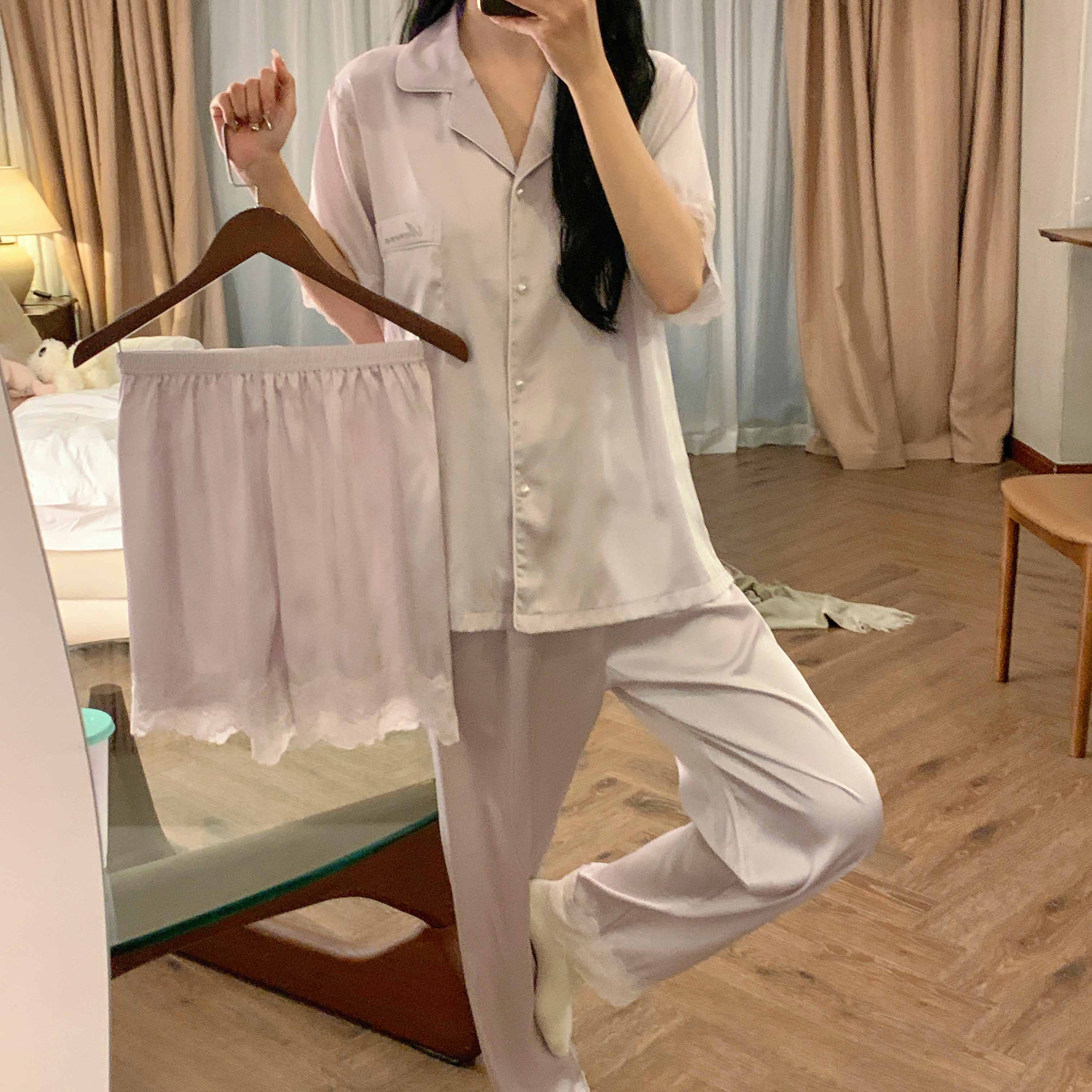 夏季睡衣女士冰丝薄款简约短袖长裤2024年新款丝绸家居服三件套装