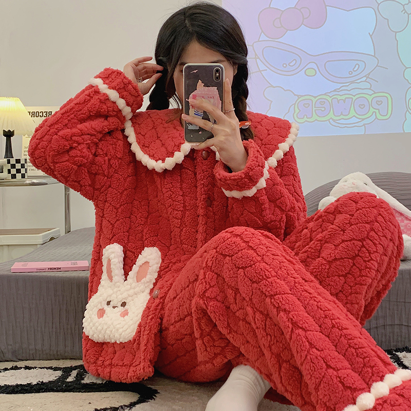 珊瑚绒睡衣女秋冬季加厚