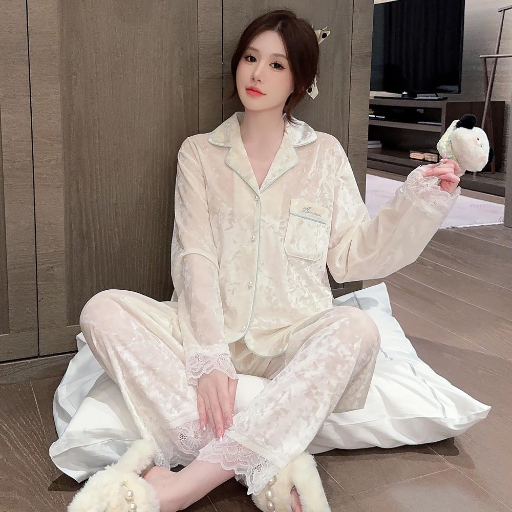 金丝绒长袖长裤开衫休闲家居服