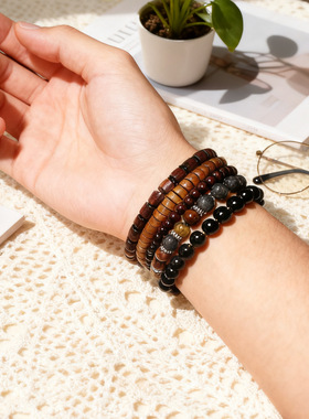 秋冬复古男手工串珠欧美火山石手链叠戴多件套木珠椰壳弹力手串