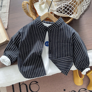 男童条纹衬衫2025新款春秋装儿童复古立领衬衣百搭秋款长袖上衣潮