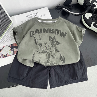 男童夏装短袖套装2025夏季T恤儿童韩版卡通字母上衣工装裤两件套